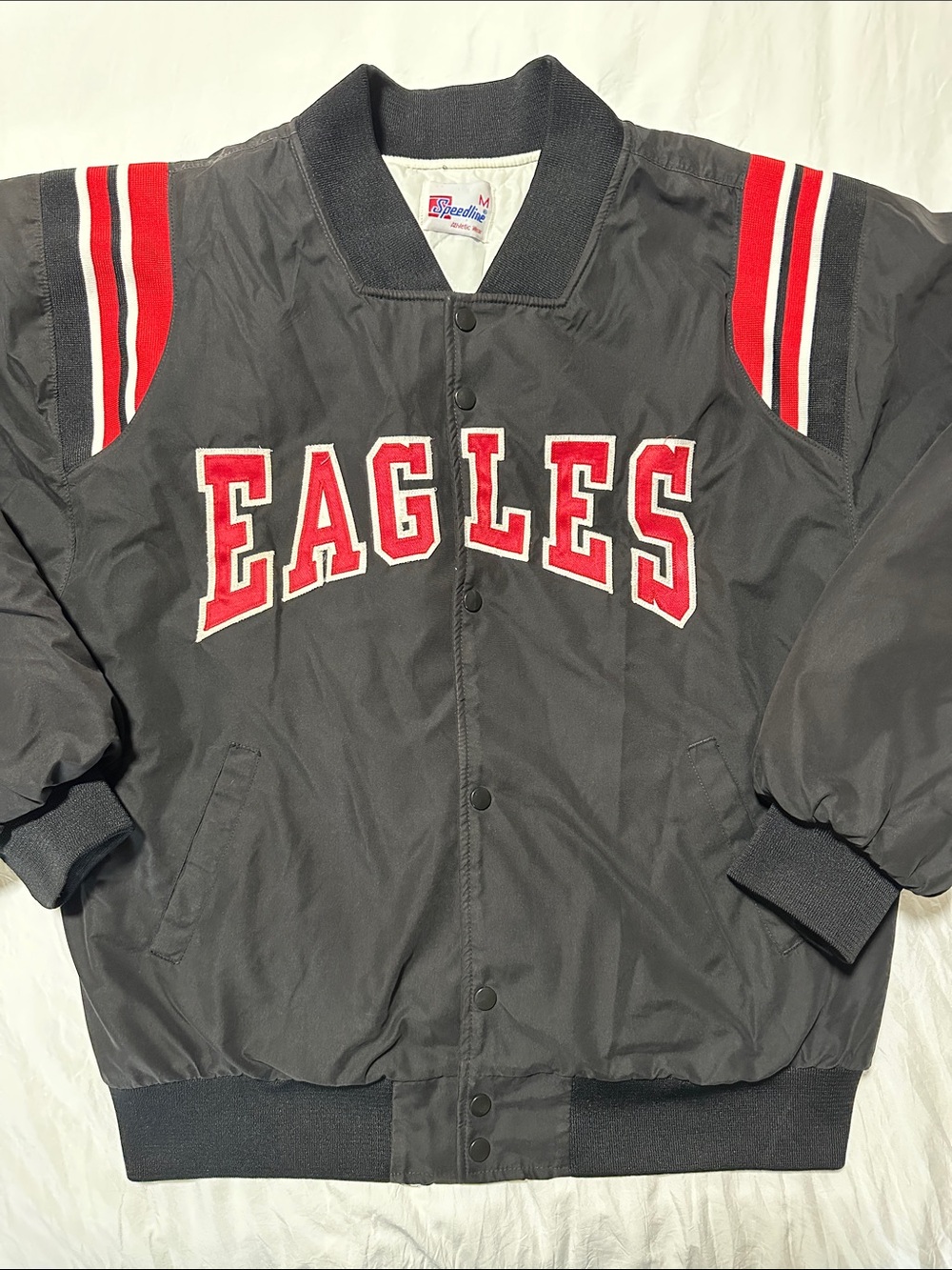 Vintage Speedline Athletic Wear Eagles Satin Varsity Jacket Grey Size M